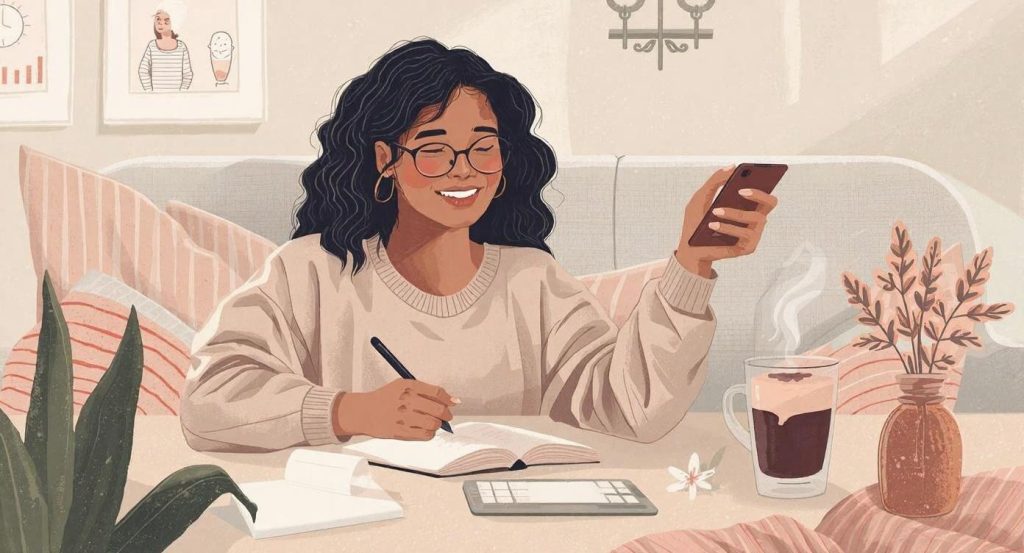 携帯やメモ帳に記録を取る女性の画像