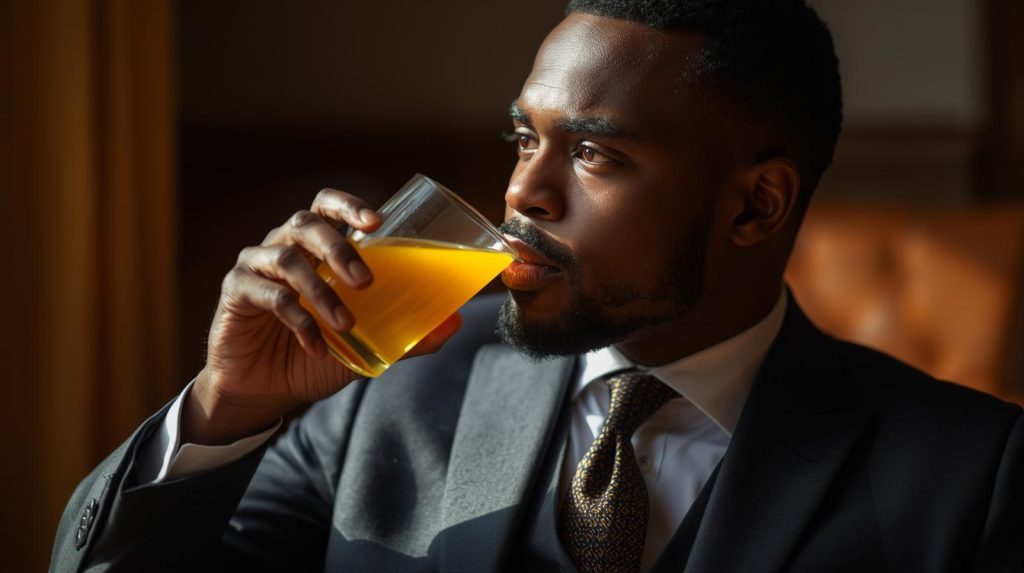 男性が健康ドリンクを飲んでいる