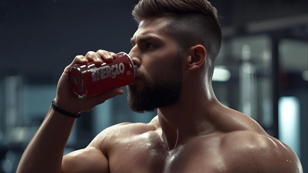 筋肉の多い男性がエナジードリンクを飲む画像